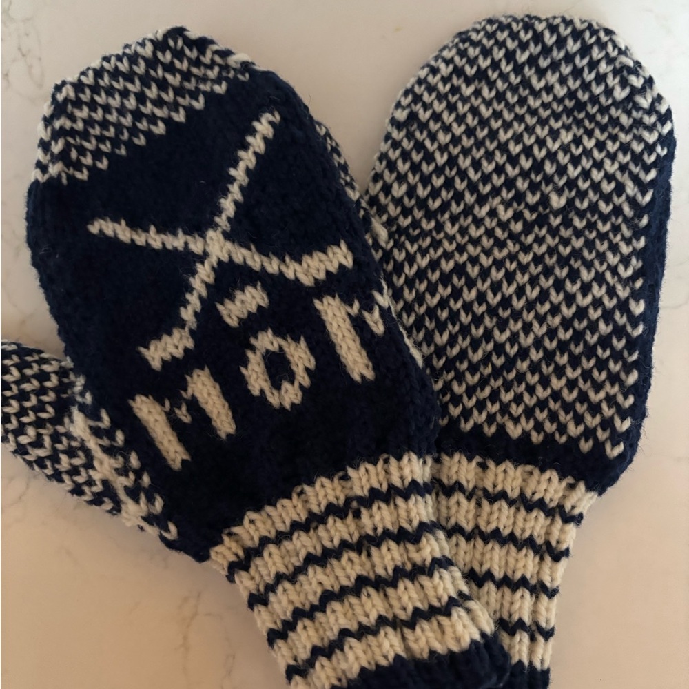 Navy and Cream Hand-Knit Wool Mittens Hockey Mom